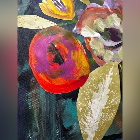 Painting Original Art Mixed Media Acrylic Collage on Canvas 12x16 Floral signed - Picture 9 of 12